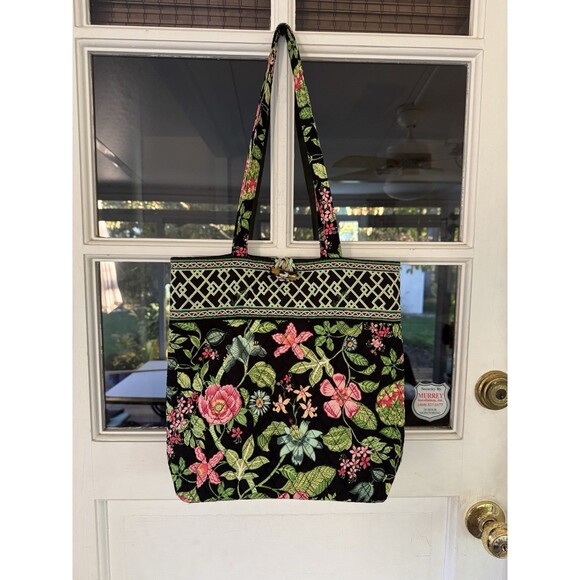 VERA BRADLEY Tote Bag Botanica Black Green Pink Clean Condition Tortoise Button* - Picture 1 of 16